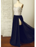 Beaded Black Slit Chiffon Prom Dress
